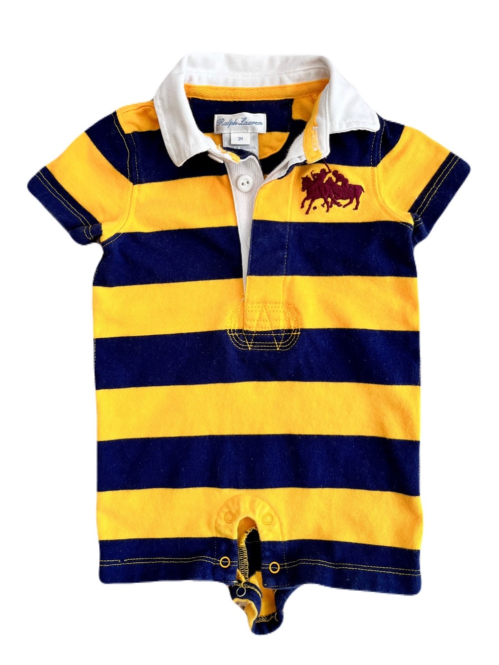 Ralph Lauren Yellow and Navy Striped Rugby Shortall Onesie, Size 3 Month